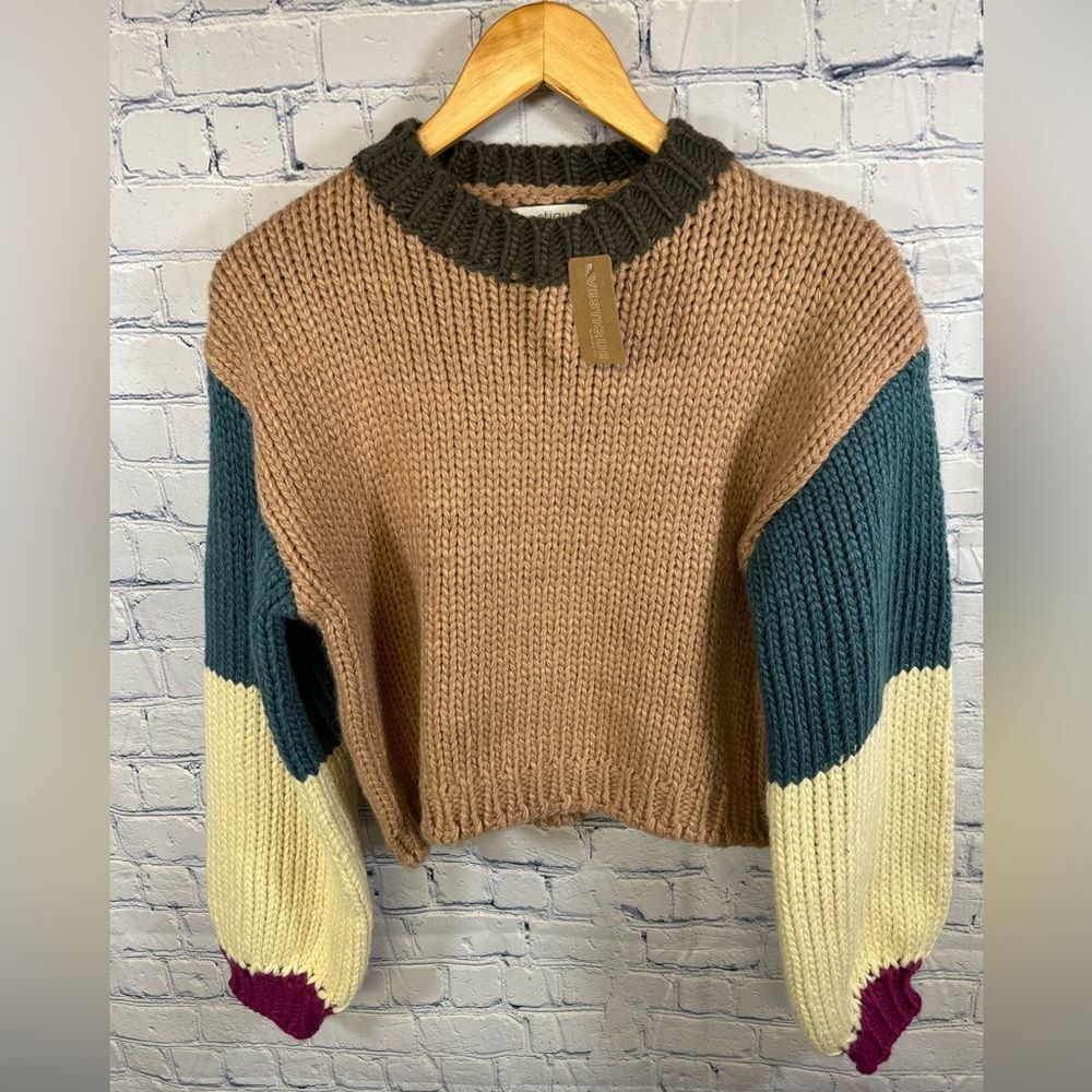 NWT Vestique Cocoa Cream Teal Bellamy Boutique Chunky Knit Crop Sweater Size S